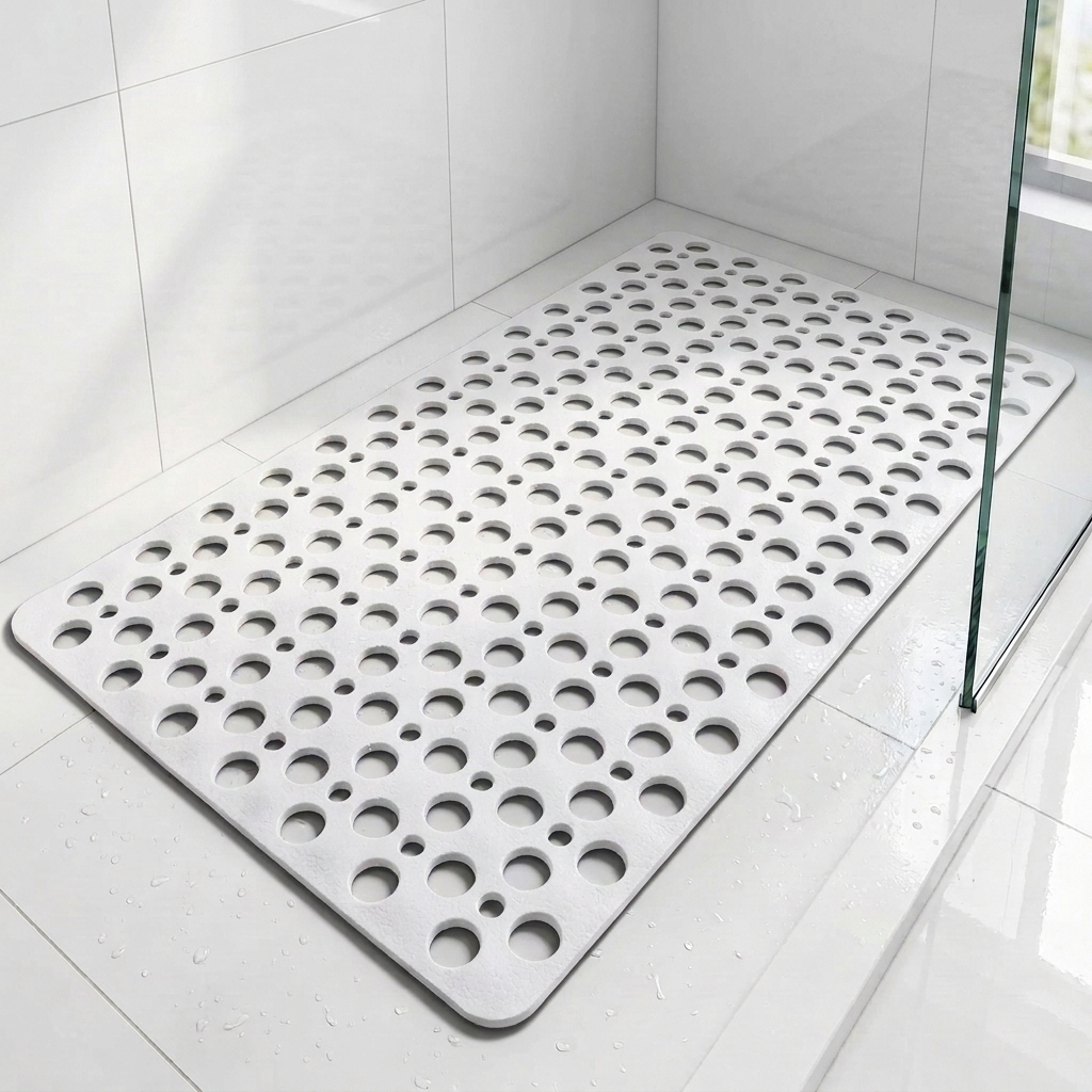 Die REIN Duschmatte in Weiß fügt sich clean und unauffällig in die Dusche ein